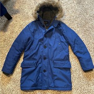 Banana Republic Men's Blue Puffer Coat with Fur Hood